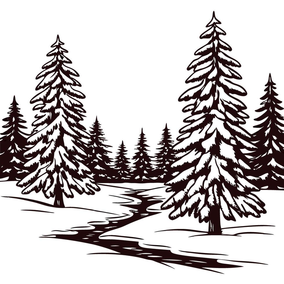 Winter landscape with snow covered pine trees and a meandering stream in a serene forest setting vector