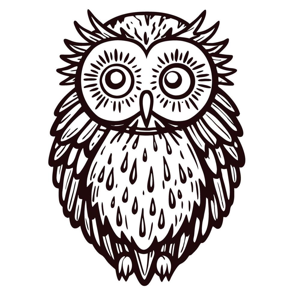 Intricate black and white owl line art with detailed feathers and expressive eyes vector