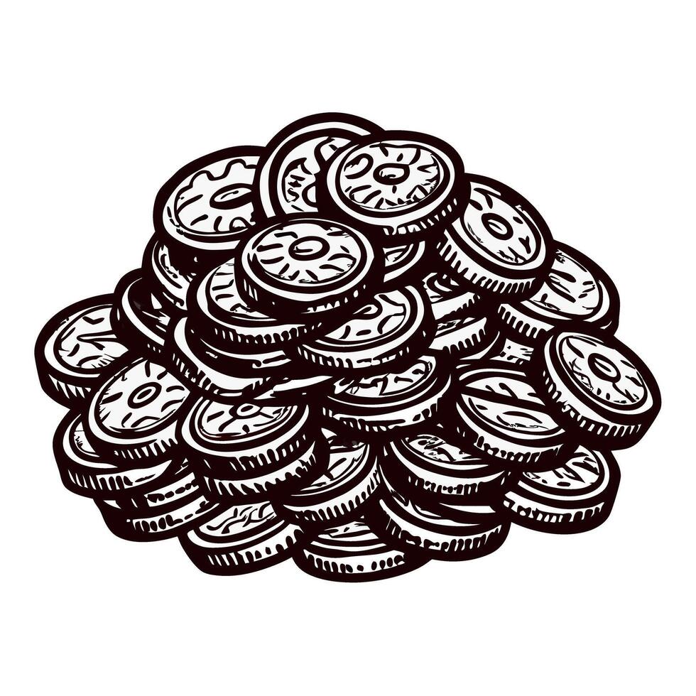 Pile of vintage coins symbols of wealth and history in monochrome art vector