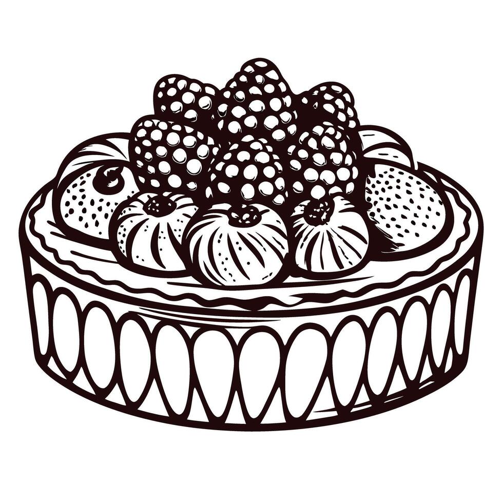 Detailed hand drawn fruit tart featuring raspberries, blackberries, and strawberries vector