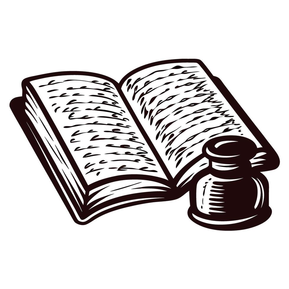 Vintage ink bottle and open book with script under soft light vector
