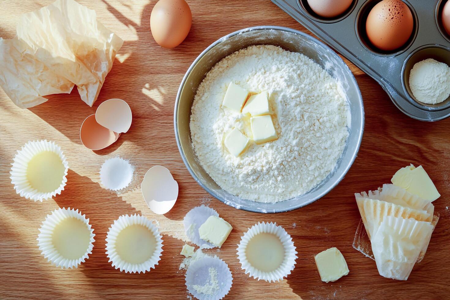 Baking Preparation Flour, Butter, and Eggs Ready for Muffins photo