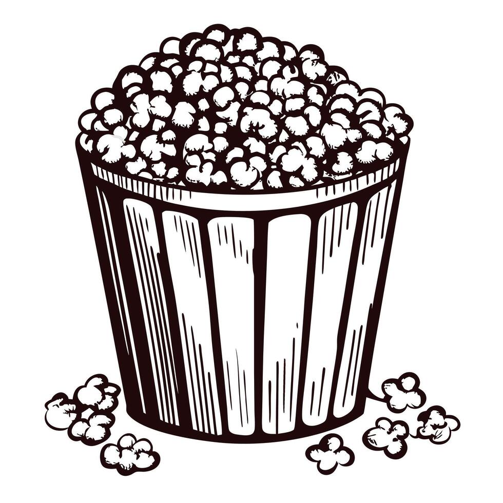 Vintage popcorn bucket with spilled popcorn pieces vector