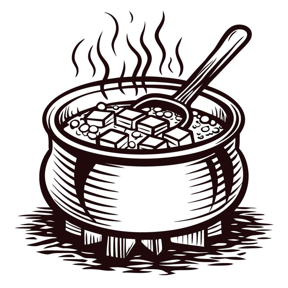 Rustic pot of boiling stew with ingredients and steam over open fire in black and white art vector