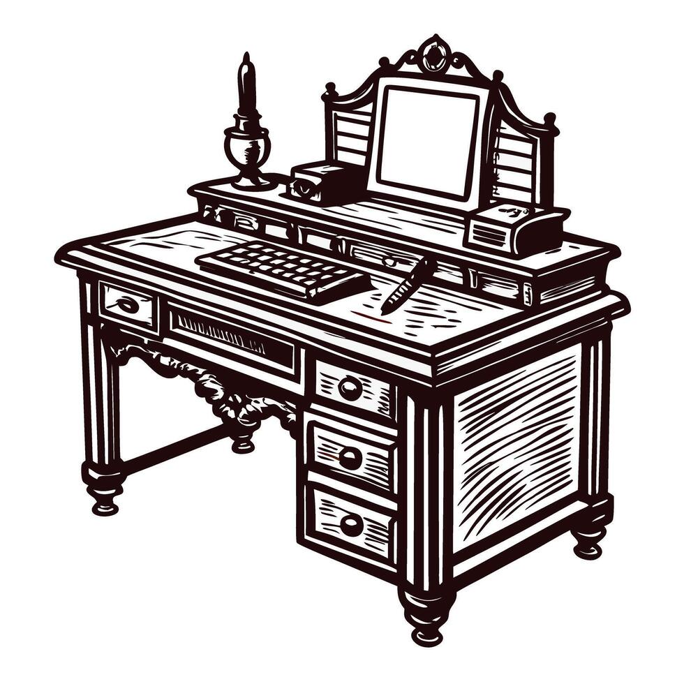 Antique wooden writing desk with vintage accessories in black and white vector
