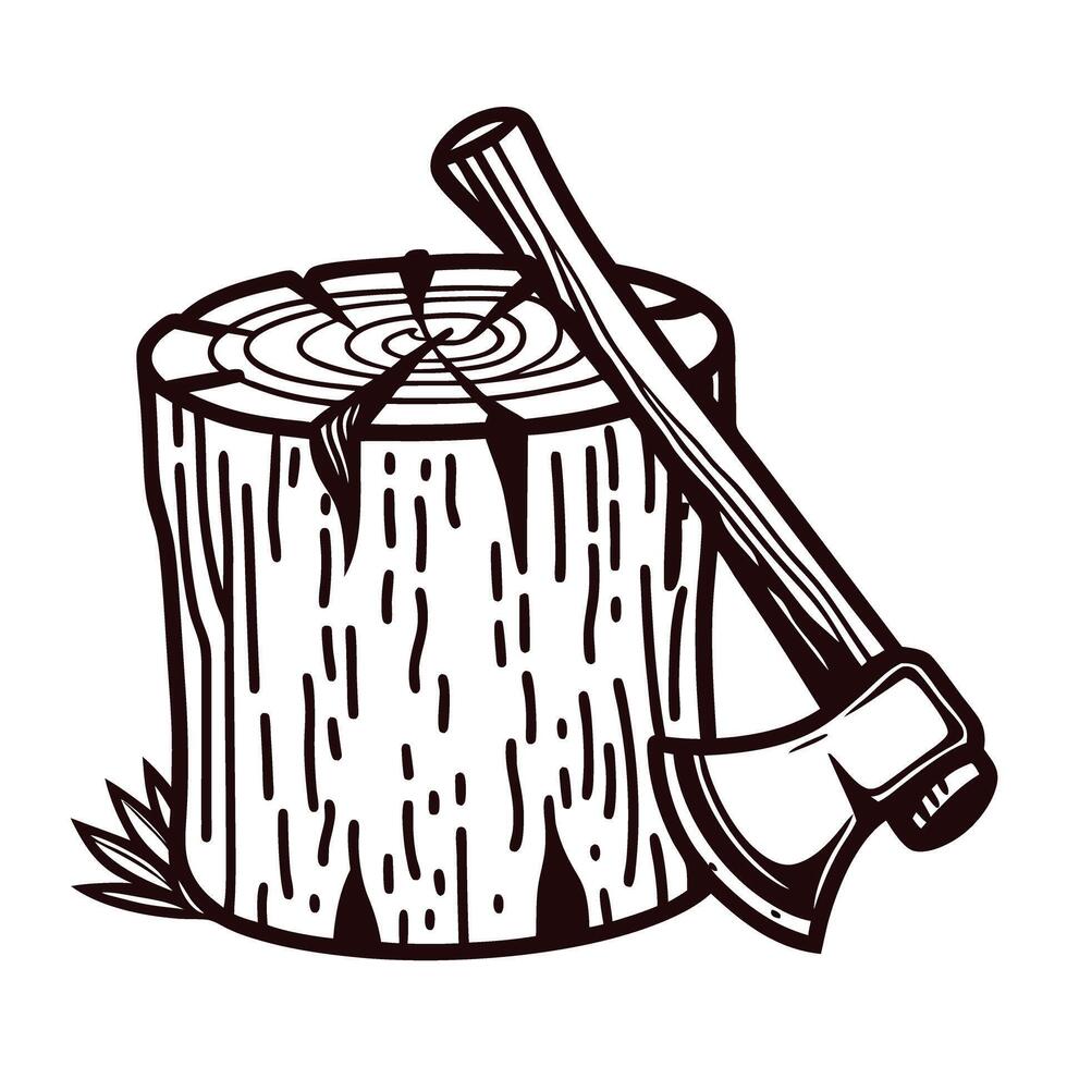 Wooden log with axe embedded in stump for chopping firewood vector