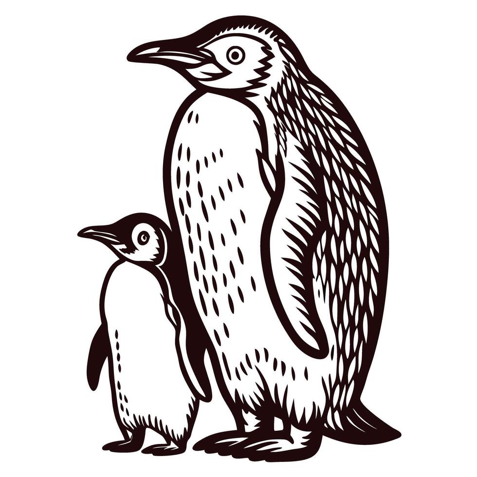 Two penguins standing together with detailed feathers in black and white drawing vector