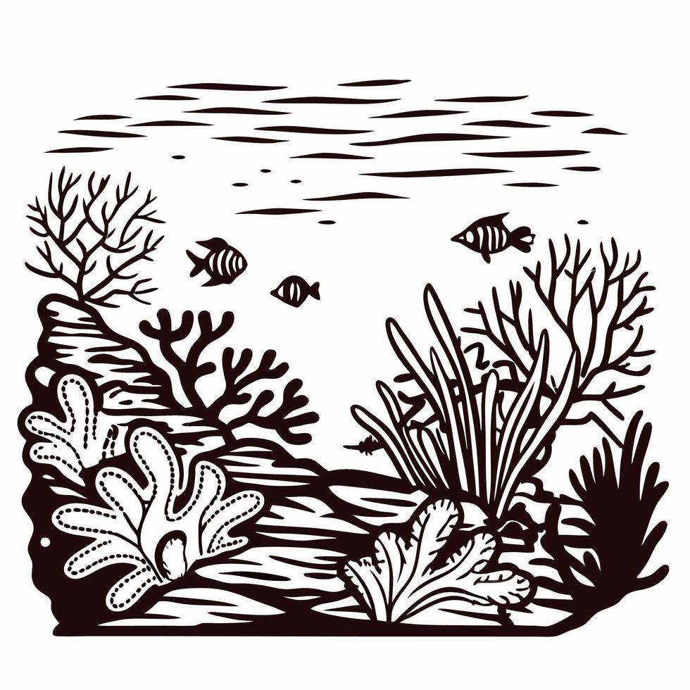 Underwater coral reef scene with diverse marine life and lush seaweed vector