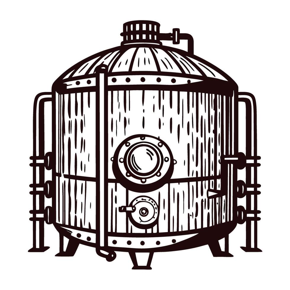 Vintage metal brewery vat with pipes and bolts in classic vector