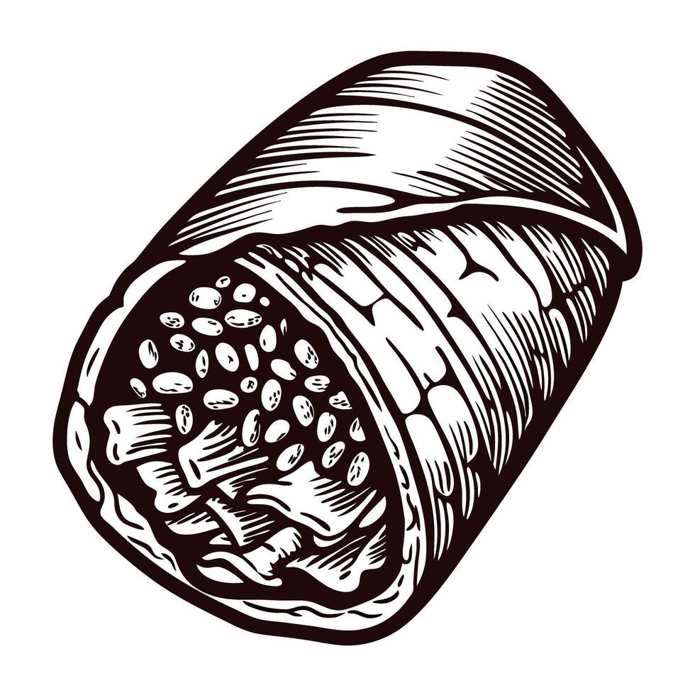Detailed hand drawn vintage burrito with textured filling vector