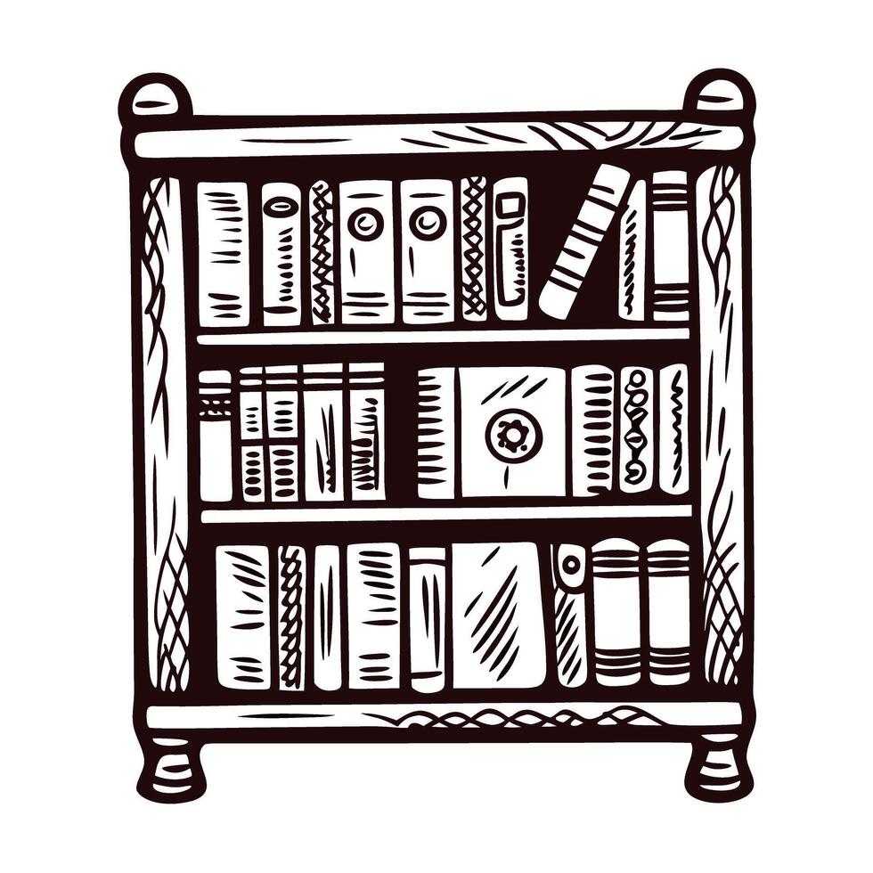 Vintage bookshelf with classic books in intricate hand drawn vector