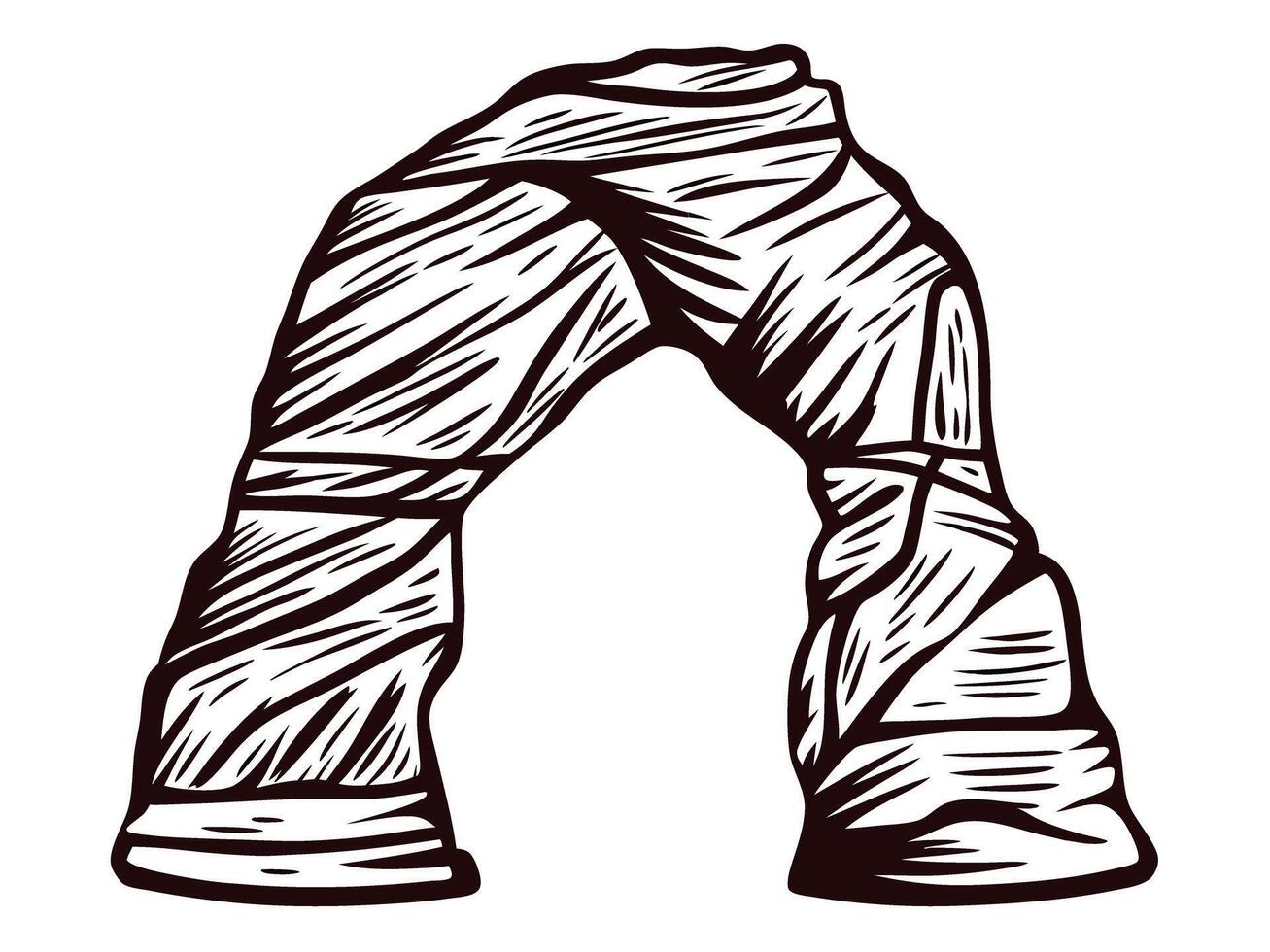 Desert rock formation arch with striated texture in black and white vector