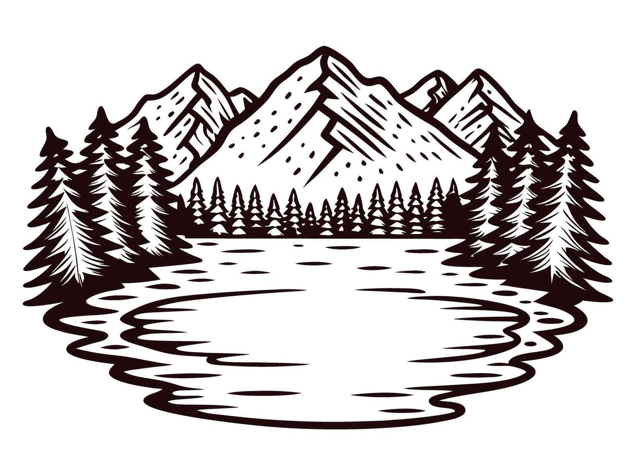 Serene mountain lake landscape with dense pine forest and majestic peaks vector