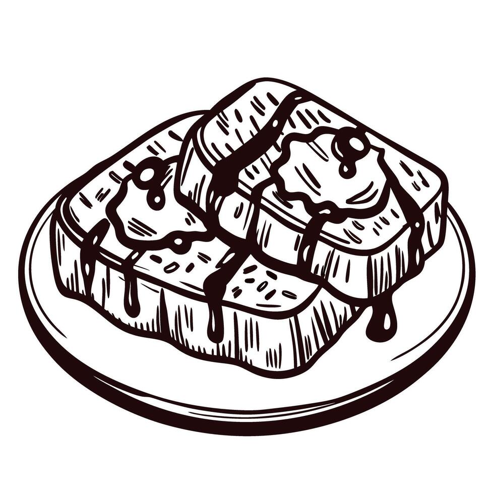 Stack of french toast with syrup and butter on a plate, line art vector