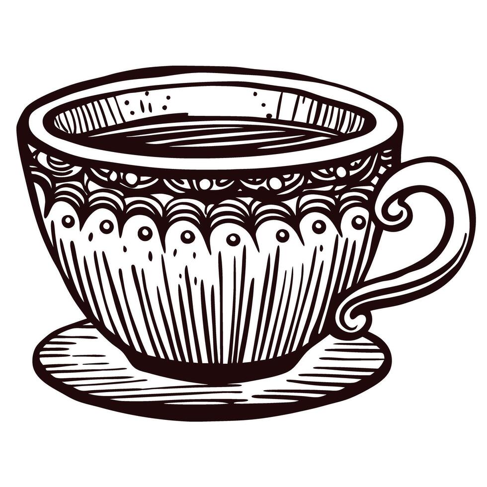 Vintage teacup with ornate pattern filled with hot beverage vector