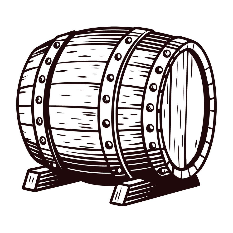 Vintage wooden barrel with metal rivets in rustic setting vector
