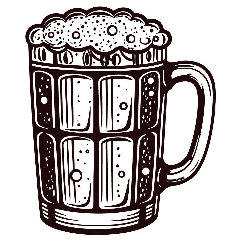 Sketch of a frothy beer mug with detailed texture and classic design vector