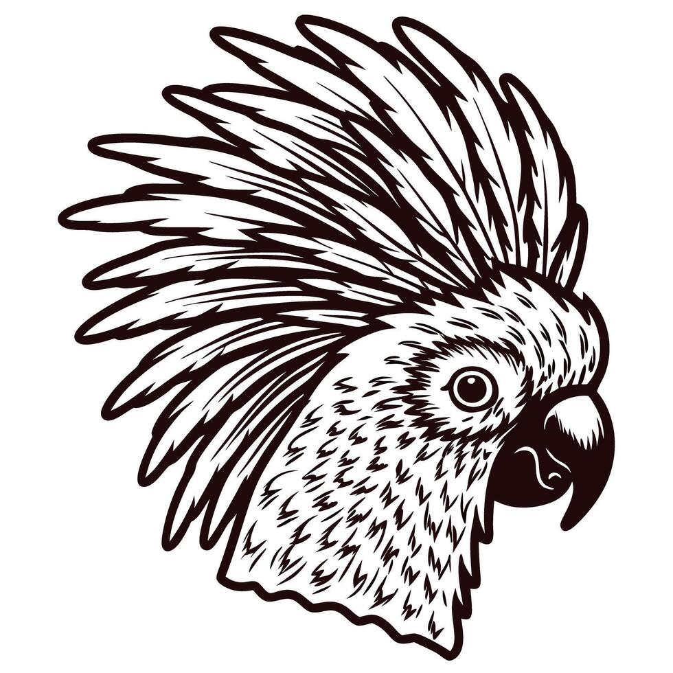 Intricately detailed parrot head with prominent feathers in a stylized art design vector