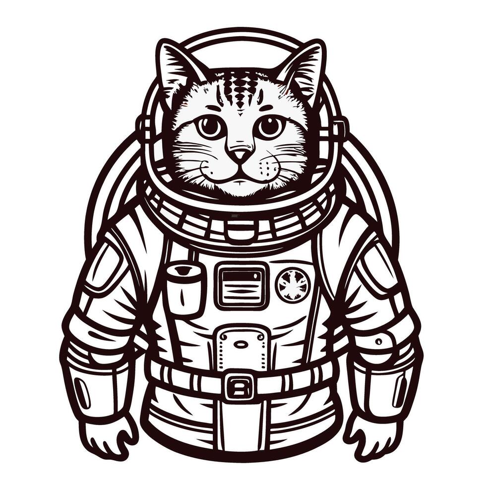 of a cat in a space suit, depicting a humorous astronaut theme, with detailed line art vector