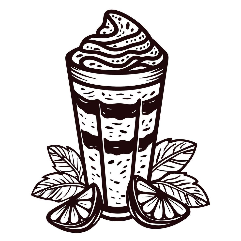 Artistic black and white citrus beverage with cream and mint leaves vector