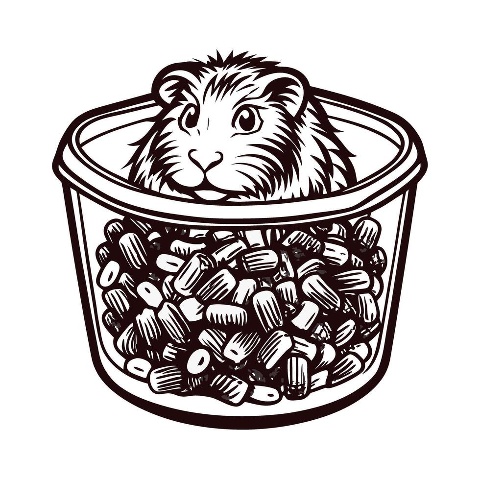 Adorable guinea pig peeking from container filled with pellets in black and white artwork vector