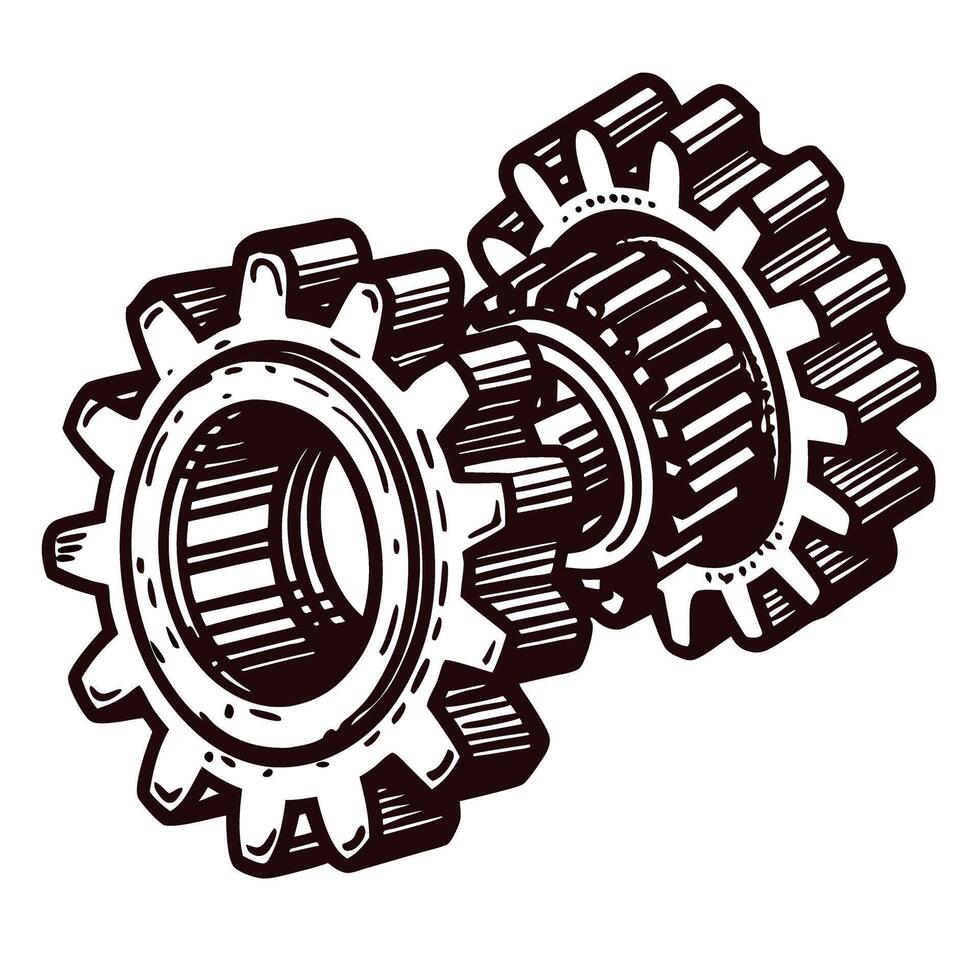 Two interlocking gears in detailed sketch for mechanic and industrial design vector