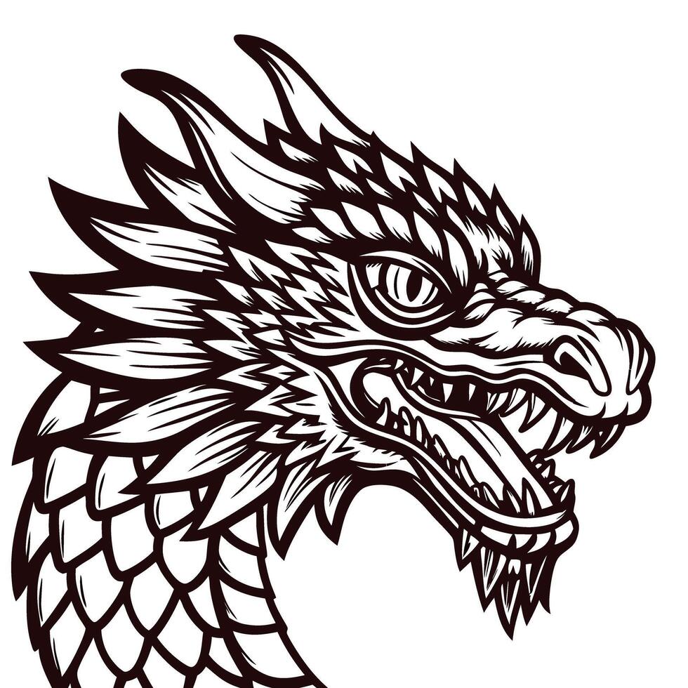 Detailed black and white dragon head with fierce expression vector