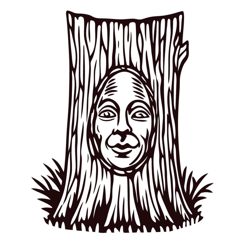 Carved tree trunk with human face design in rustic nature setting vector