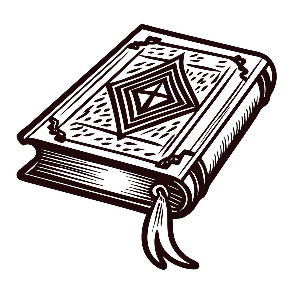 Vintage book with intricate cover design featuring geometric patterns and bookmark vector