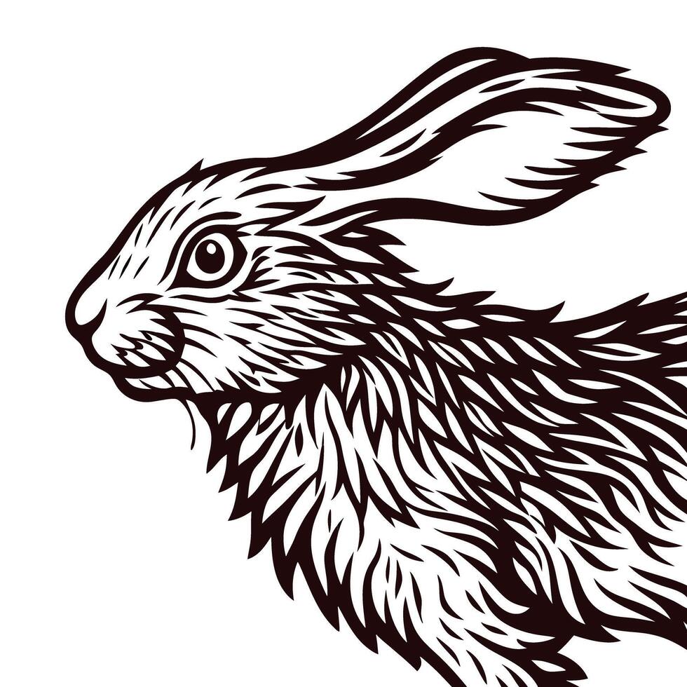Intricate black and white of a rabbit showing detailed fur and facial features vector