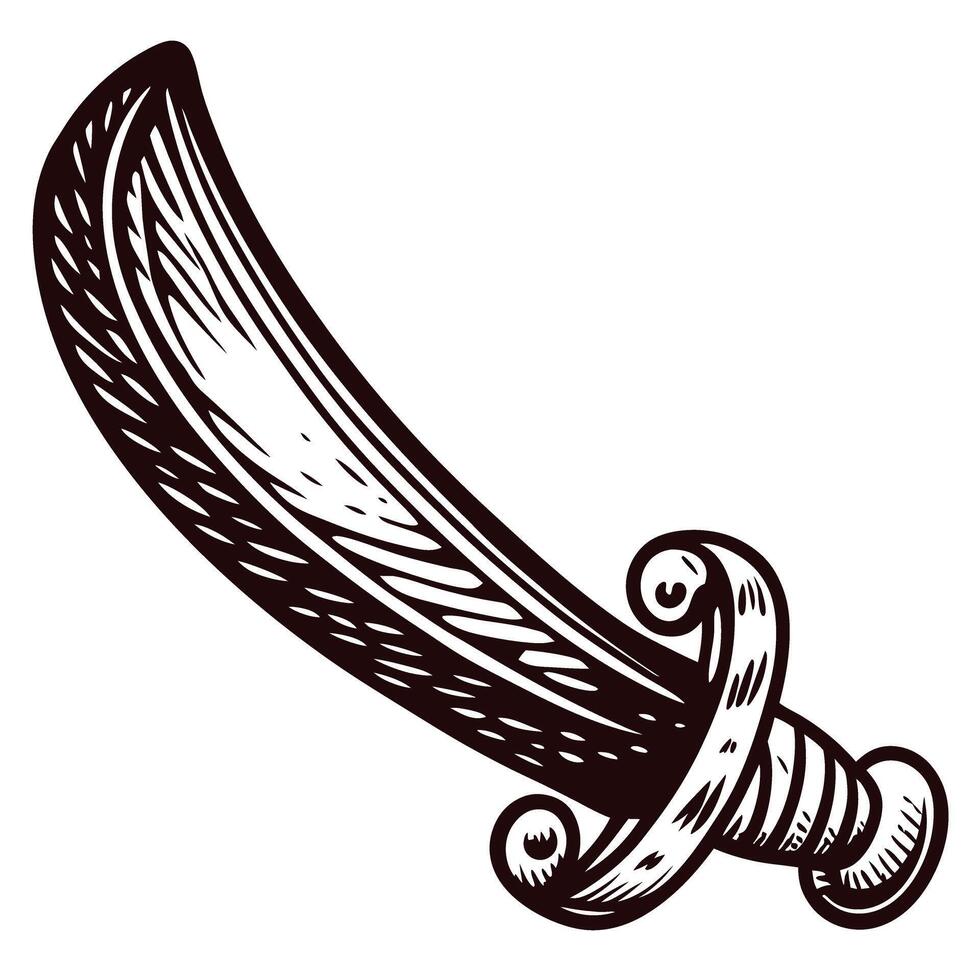 Vintage curved sword with ornate hilt design in black and white vector