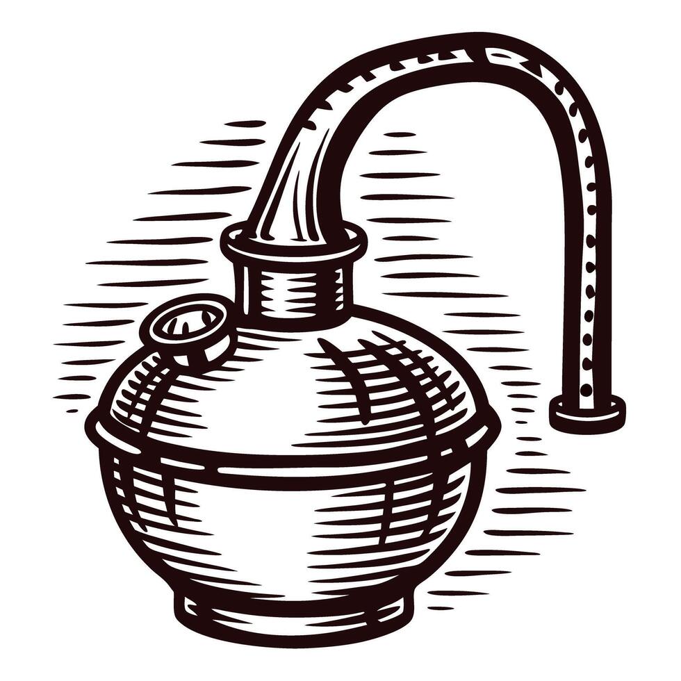 Vintage distillation apparatus sketch with curved tube and textured details vector
