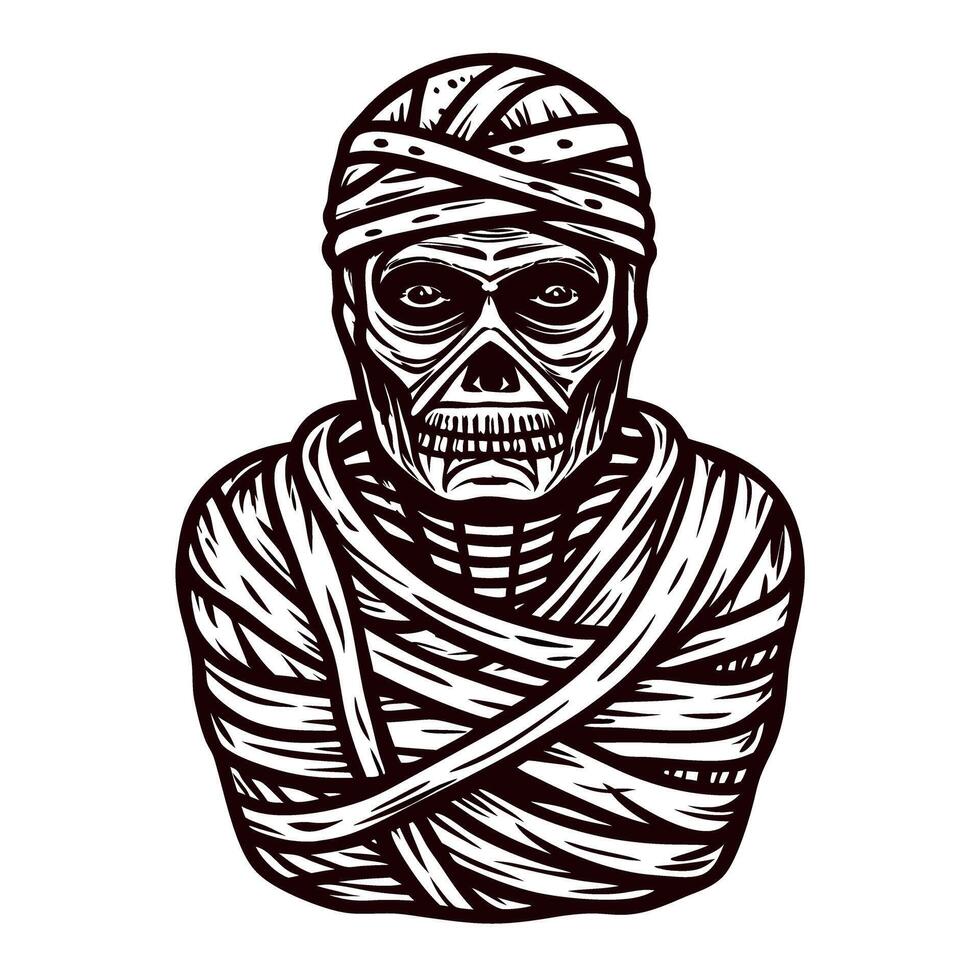of a wrapped mummy statue with intense stare and intricate details vector