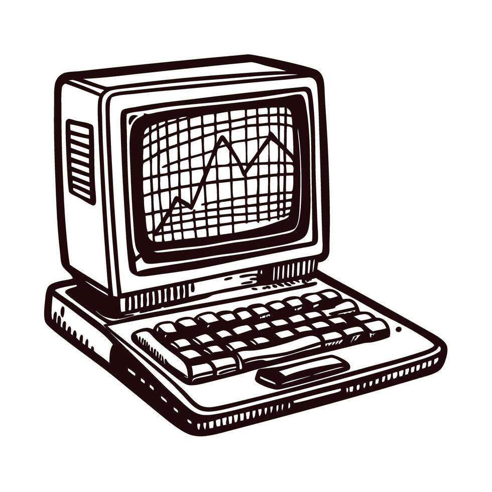 Retro computer with graphical data display on screen in black and white sketch vector