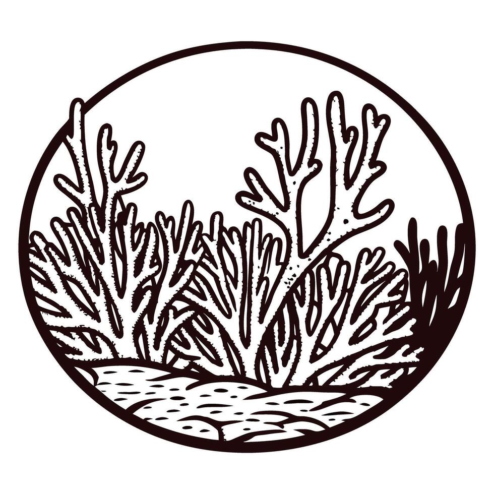 Illustrative coral reef composition in circular frame with detailed marine flora vector