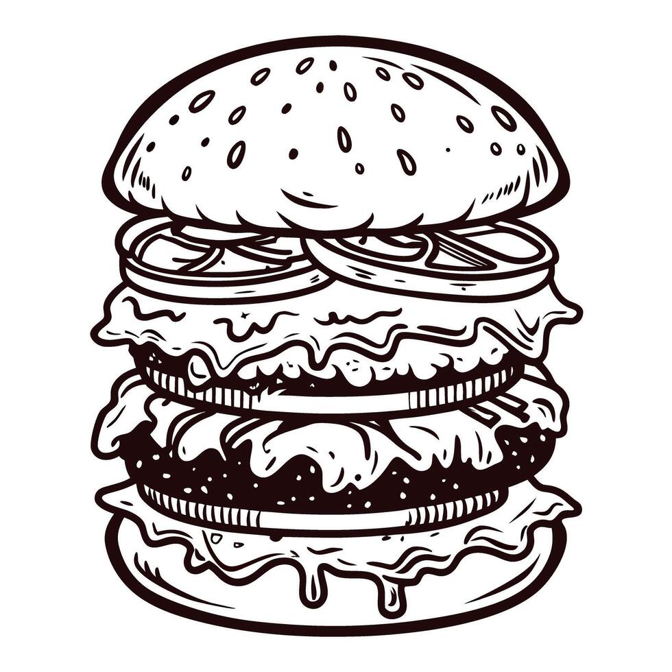 Illustrated double cheeseburger with lettuce, tomato, and onions in black and white line art vector