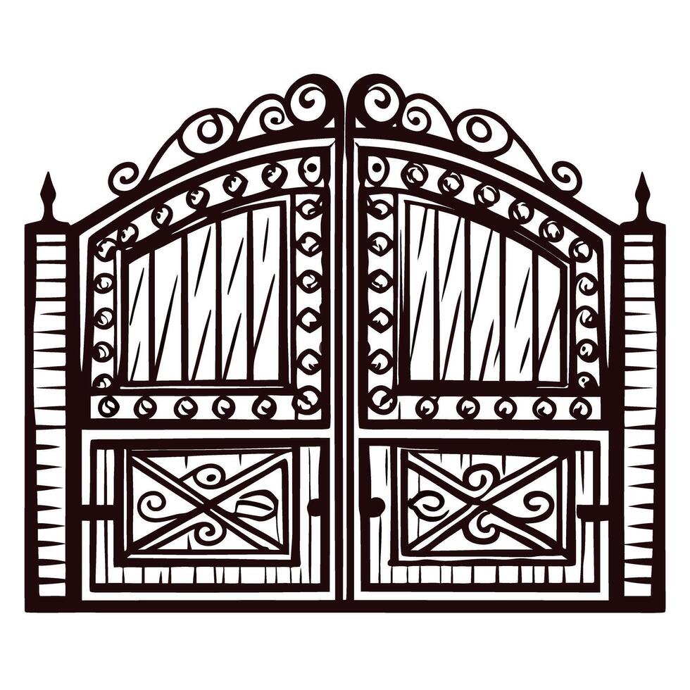 Intricate metal gate design with ornate patterns and symmetrical detailing vector