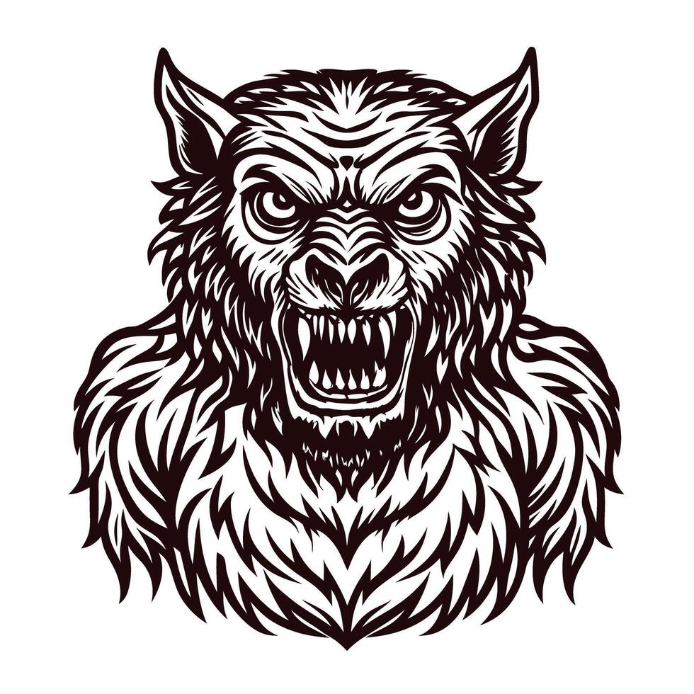 Fierce werewolf with sharp fangs and intense expression in monochrome vector