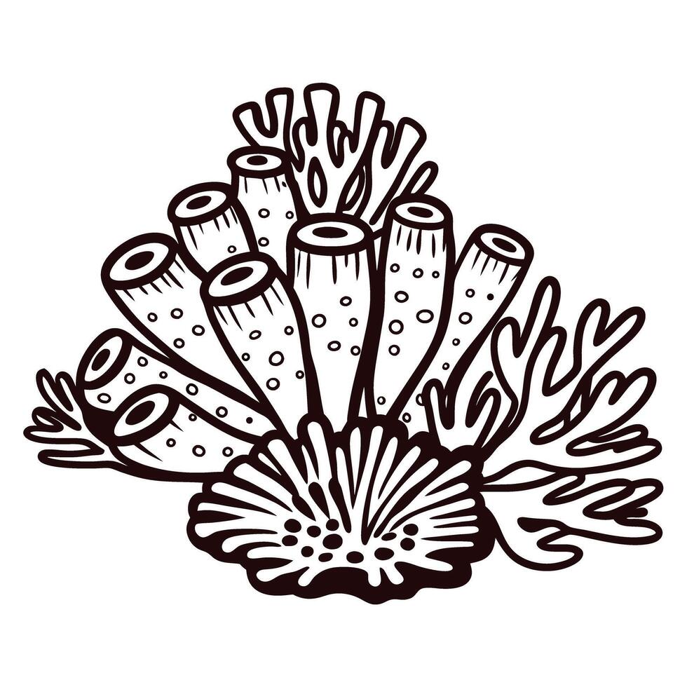 Detailed of marine coral with tubular structures and branching seaweed vector