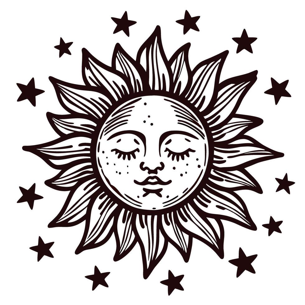Artistic of a sun with a face surrounded by stars in a celestial theme vector