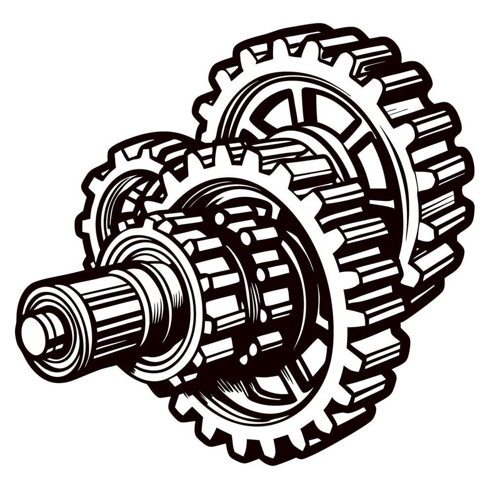 Intricate gear system engaged in mechanical operation with interlocking cogs and shafts vector
