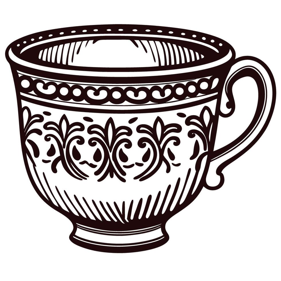 Vintage ornate teacup with intricate design in black and white vector