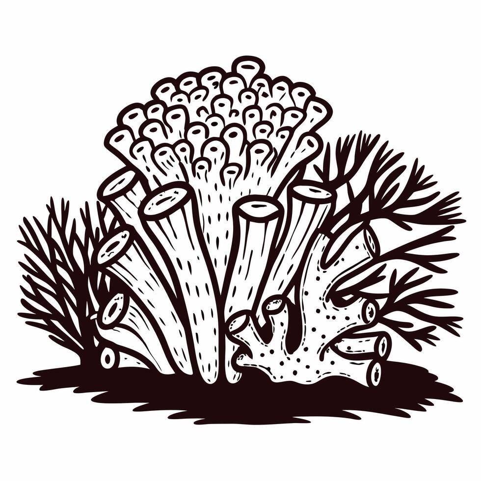 Marine coral featuring tubular and branching structures in black and white vector