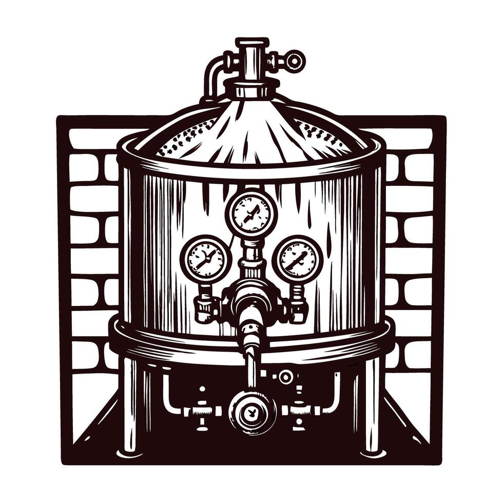 Vintage industrial brewing vat with pressure gauges and pipes in front of brick wall vector