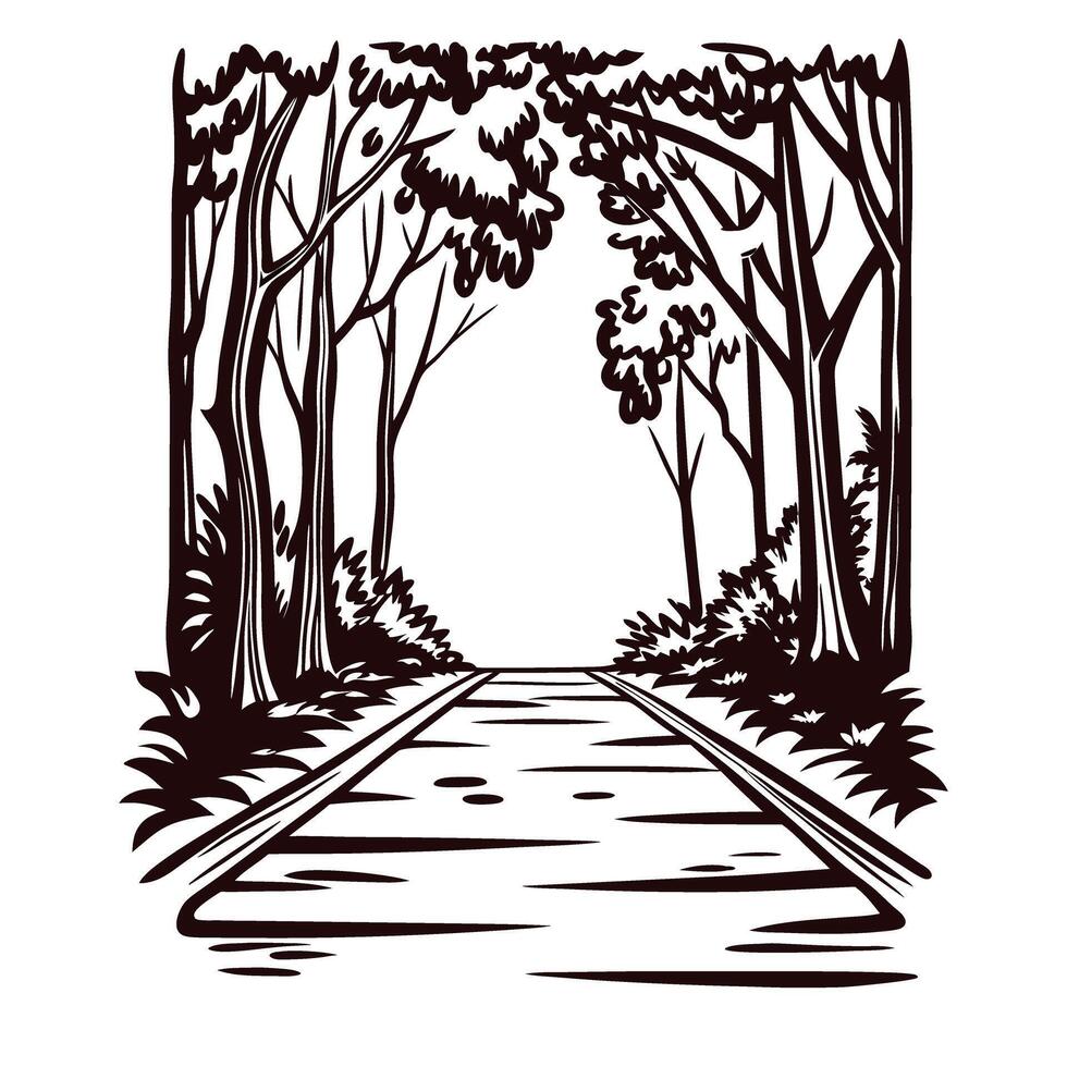 Scenic forest pathway framed by tall trees in a minimalist black and white design vector