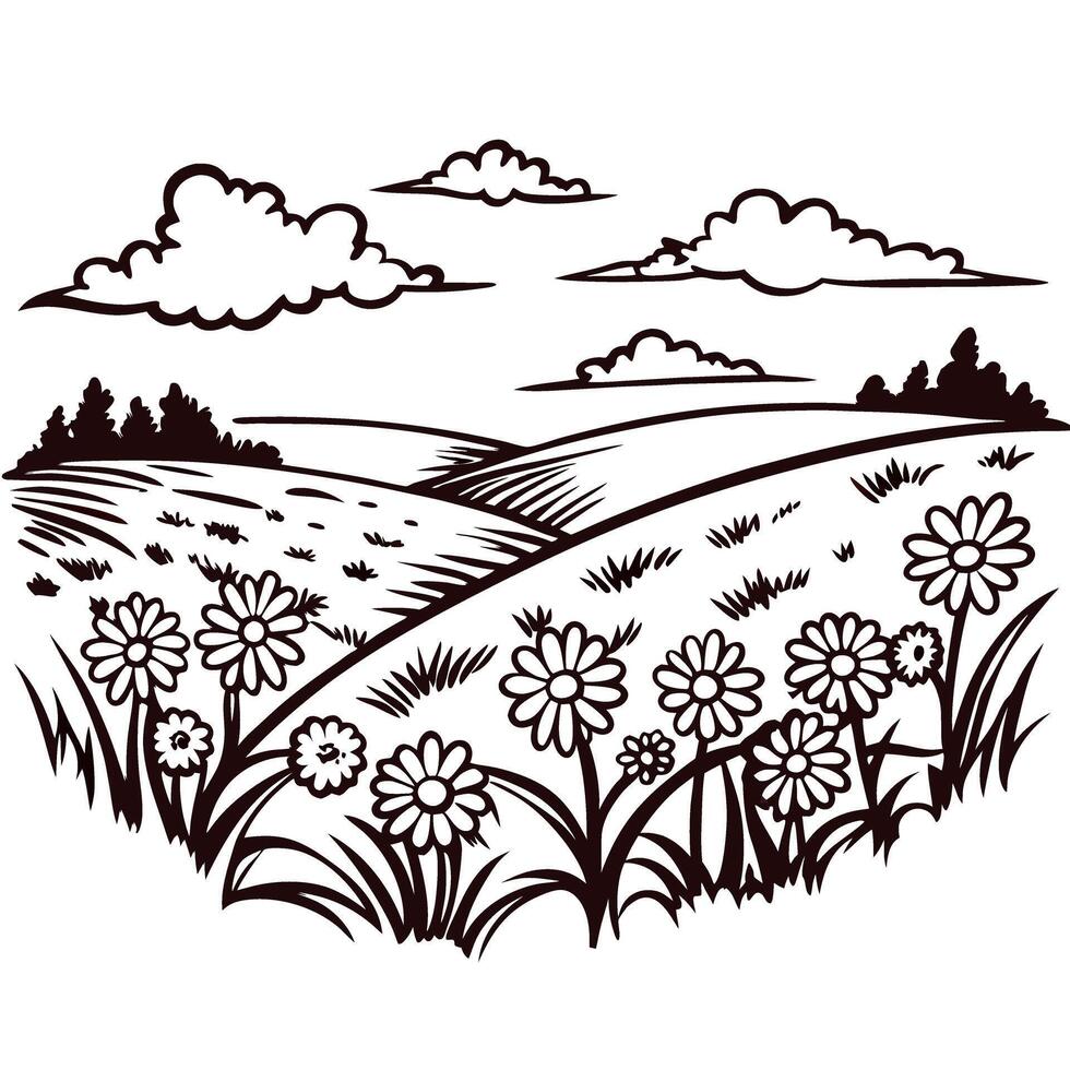 Scenic countryside landscape with rolling hills and wildflowers under a cloudy sky vector