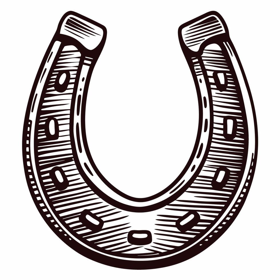 Detailed horseshoe sketch with rustic charm and vintage appeal in black and white vector