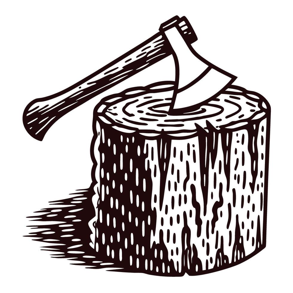 Axe embedded in wood stump depicting traditional logging tools vector