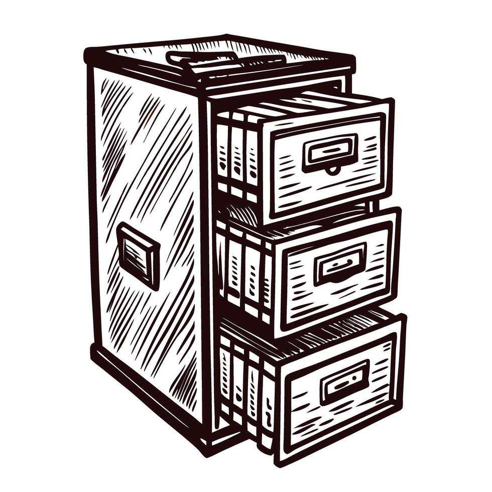 Vintage filing cabinet with open drawers in black and white drawing vector