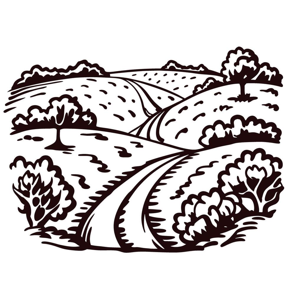 Scenic countryside road winding through rolling hills and trees vector